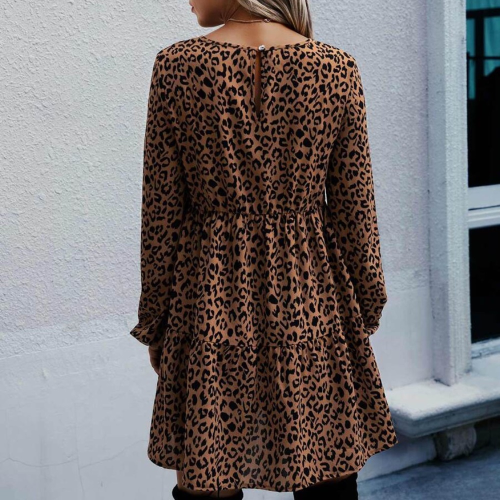 Camel tan Leopard Print Ruffle Mini Dress - Picture 2 of 3